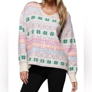 WHY DRESS v-neck christmas sweater NWOT pink multicolor sequins size small